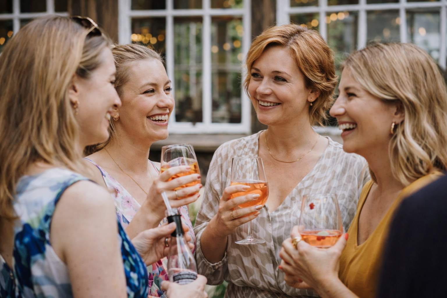 Vier Frauen lachen und trinken gemeinsam bei Feier im Außenbereich